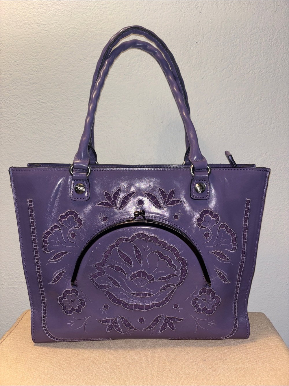 Patricia Nash French lace, Zancona leather tote, amethyst purple